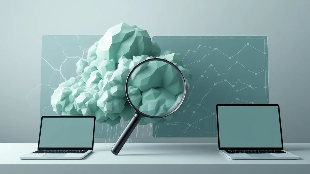 Illustration: A split view shows a chaotic storm cloud colliding with a smooth digital weather map.