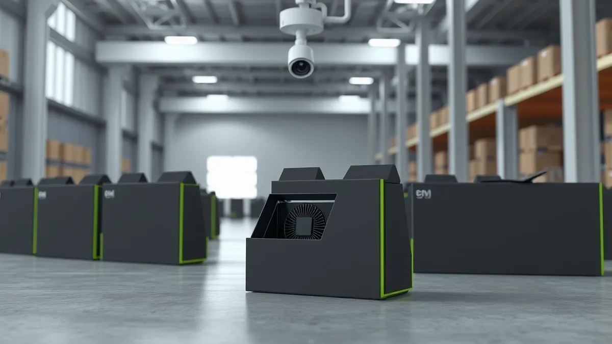 Illustration: A row of identical black graphics card retail boxes sits on a concrete warehouse floor.