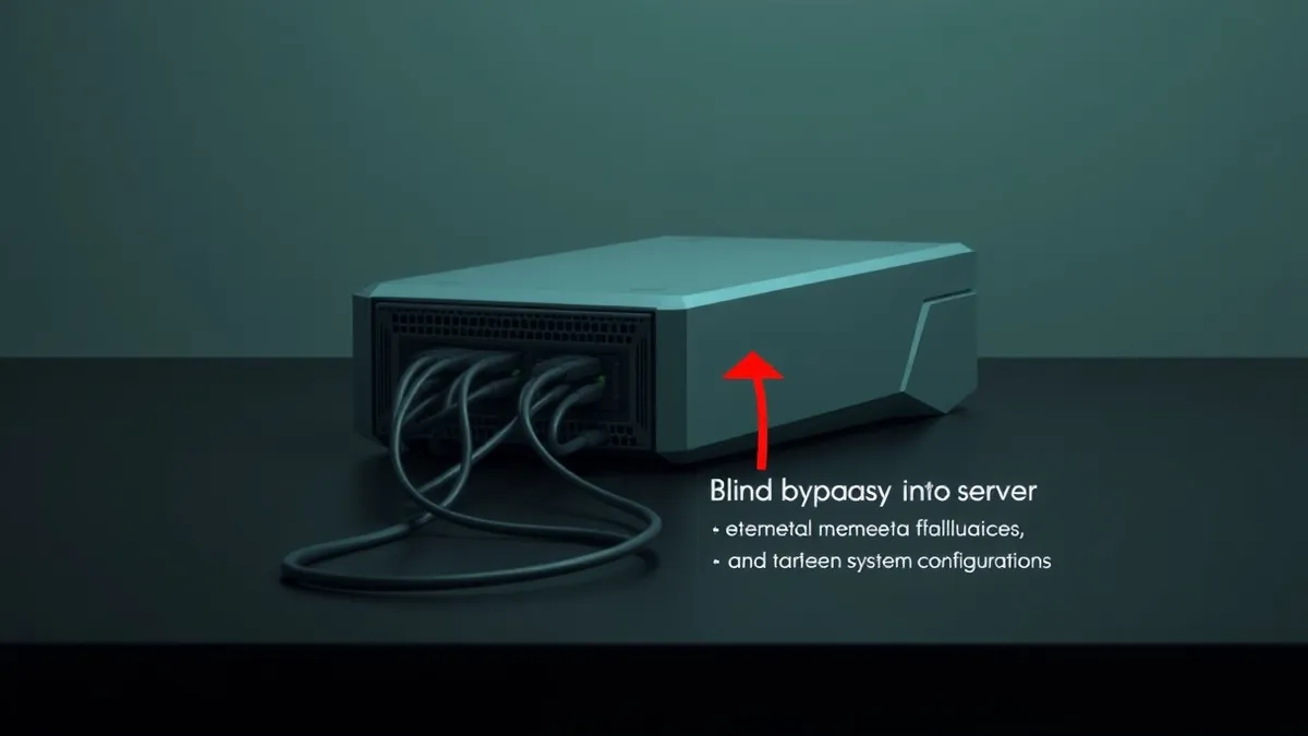Illustration: A sleek server blade sits isolated on a dark desk, its rear ports connected to tangled cables.