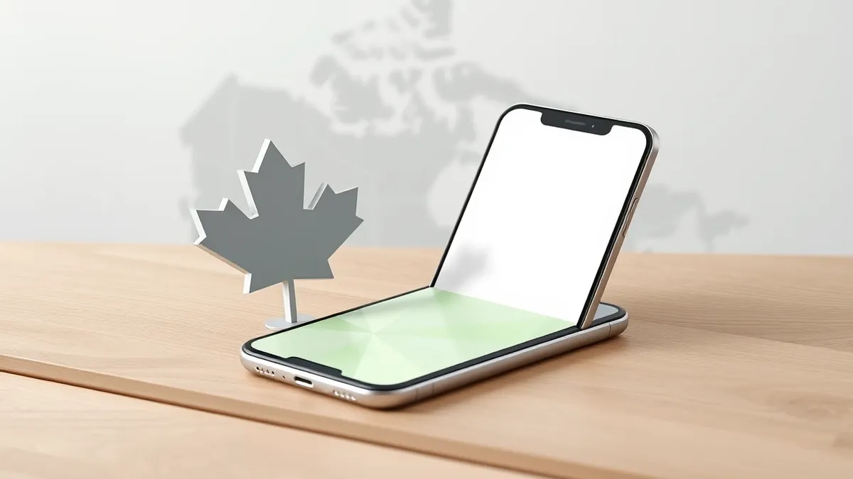 Illustration: A smartphone rests on a wooden table with a blank screen showing abstract geometric shapes.