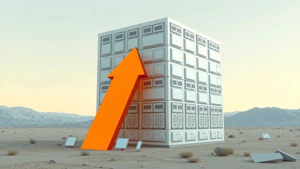 Illustration: A towering white cube structure stands on a barren landscape, its surface covered in blank rectangular panels representing data centers.
