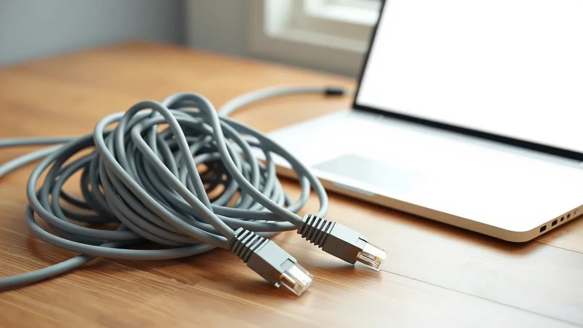 Illustration: A tangled knot of grey ethernet cables lies on a wooden desk next to a sleek silver laptop.
