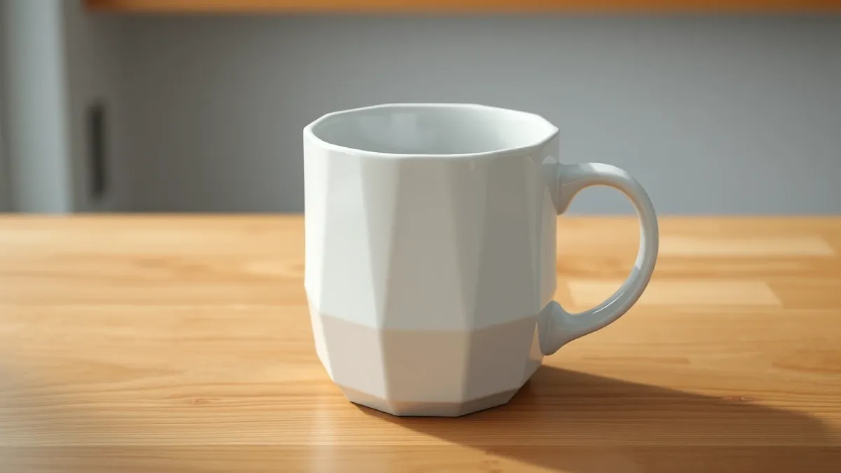 Illustration: A pristine white ceramic mug sits on a wooden table, its surface marred by faint, chaotic digital noise resembling static.