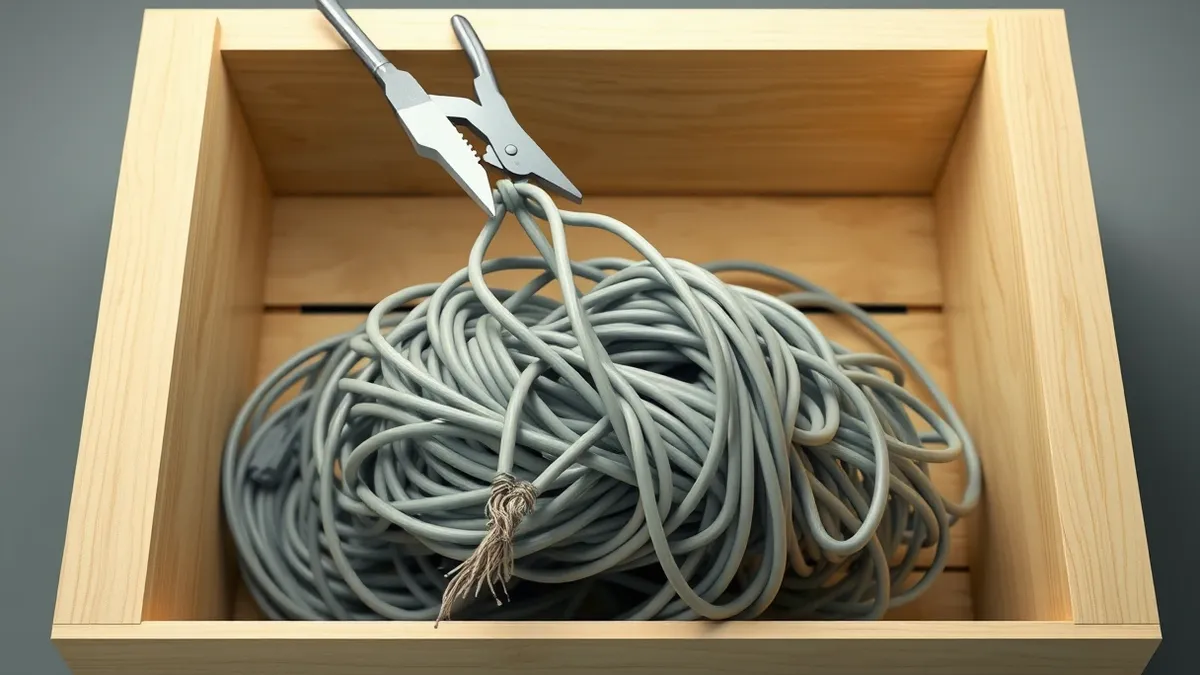 Illustration: A tangled knot of gray wires sits inside an open wooden crate.