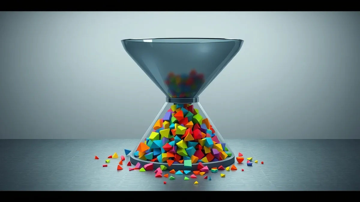 Illustration: A transparent glass funnel sits on a metal table, filtering a stream of colorful geometric shapes.
