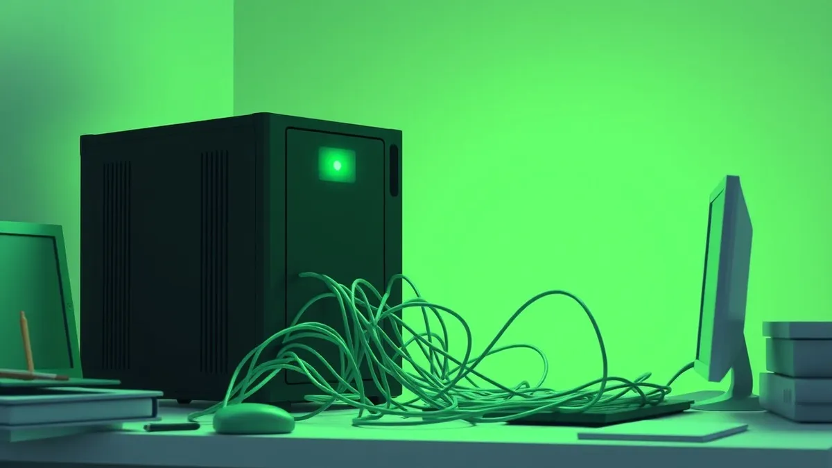 Illustration: A sleek black server box sits on a cluttered desk, its single green status light blinking steadily.