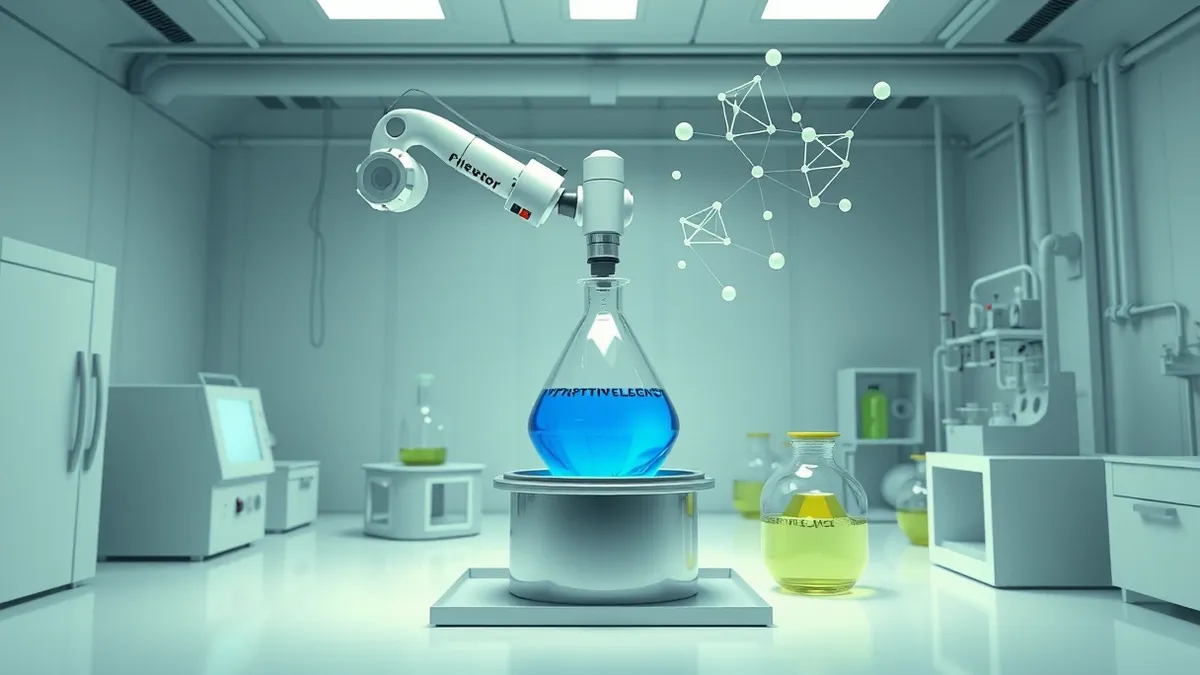 Illustration: A sterile laboratory interior features a sleek robotic arm carefully transferring a vibrant blue liquid from a glass beaker into a sealed metal container.