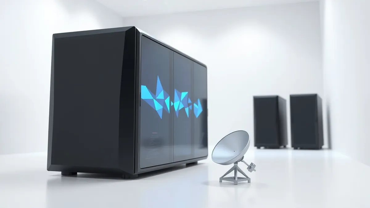 Illustration: A sleek black server unit sits in a clean white room, its front panel displaying soft blue abstract light patterns.