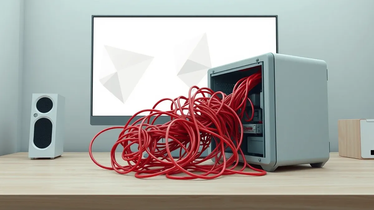 Illustration: A tangled cluster of thick red cables spills out of a generic computer tower case onto a wooden desk.