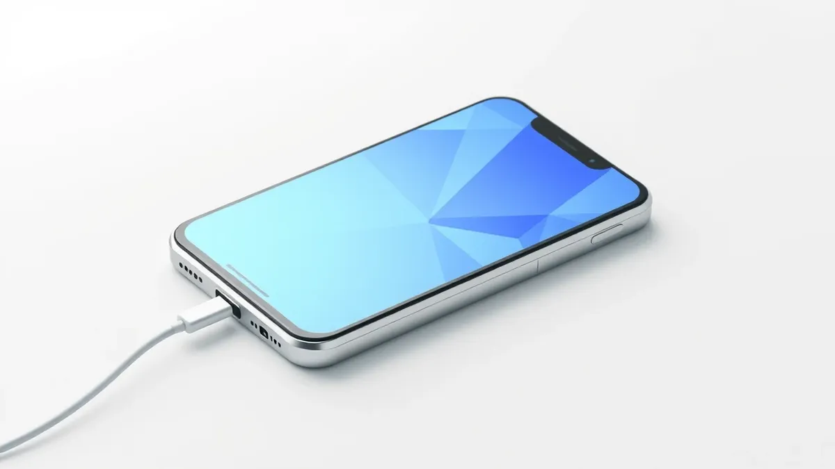 Illustration: A smartphone with a curved screen lies flat on a white surface, displaying a blank blue interface with abstract geometric shapes.