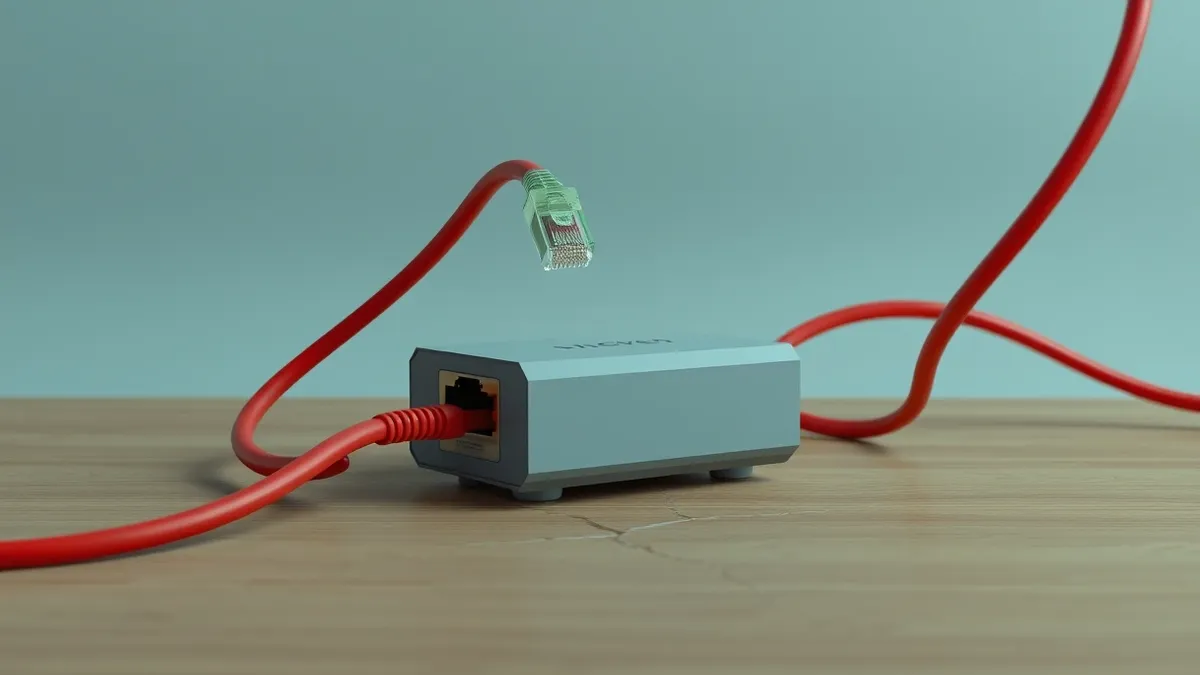 Illustration: A tangled knot of red Ethernet cables snakes out from a small grey network modem sitting on a wooden desk.
