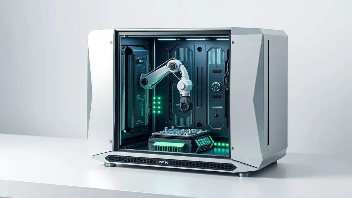 Illustration: A sleek silver server blade sits open on a clean white desk.