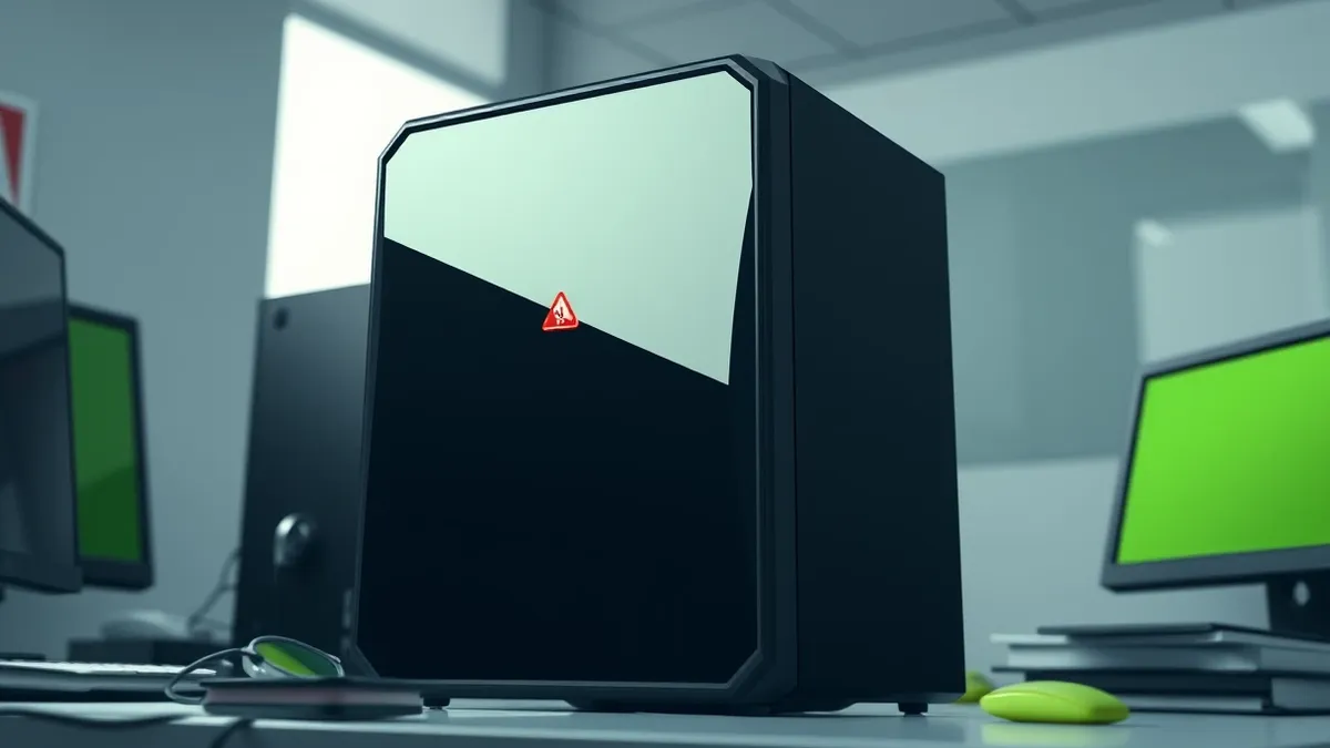 Illustration: A sleek black server tower sits on a cluttered desk, its blank front panel reflecting harsh office light.