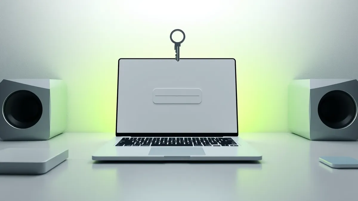 Illustration: A sleek open laptop sits on a minimalist desk, its screen displaying a blank login interface with a single unchecked box.