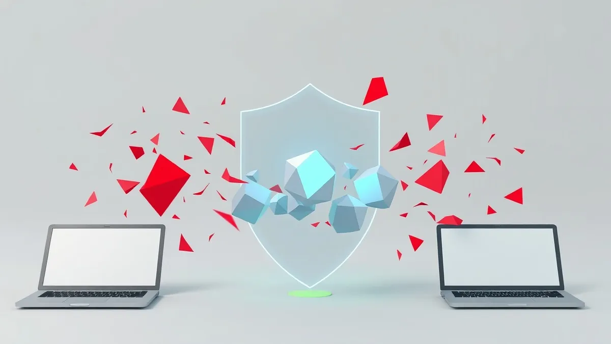 Illustration: A sleek, translucent shield hovers protectively around a cluster of floating, geometric AI agent nodes.
