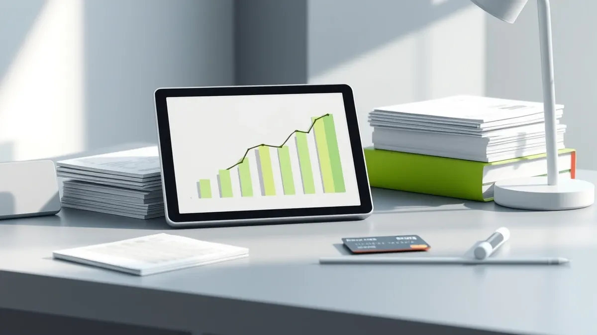 Illustration: A sleek office desk features a tablet displaying abstract bar charts trending downward.