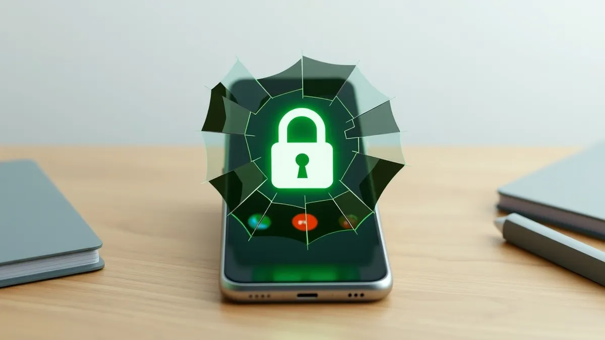 Illustration: A smartphone sits on a wooden desk, its screen glowing with a green padlock icon superimposed over a blurred video call interface.