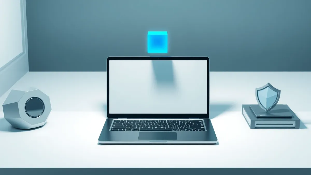 Illustration: A sleek black laptop sits on a clean white desk.