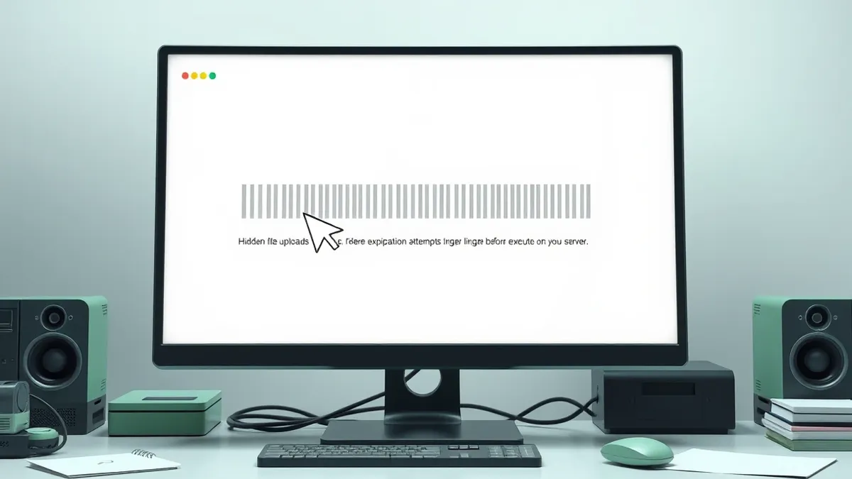 Illustration: A blank computer monitor sits on a cluttered desk, displaying a web browser window with abstract gray bars representing hidden file uploads.