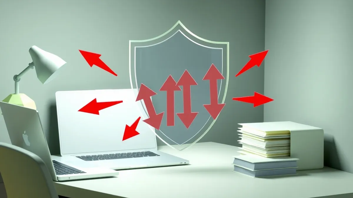 Illustration: A small office desk holds a closed laptop beside a neat stack of blank paper folders.