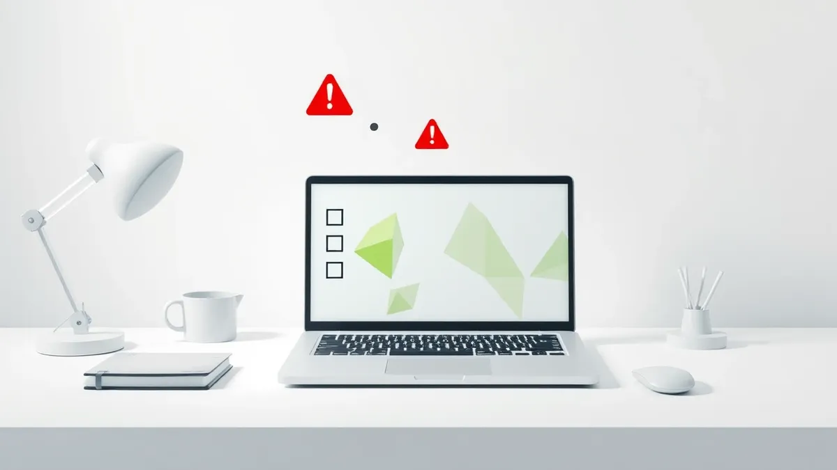 Illustration: A clean white desk holds a laptop displaying abstract geometric shapes on its screen.