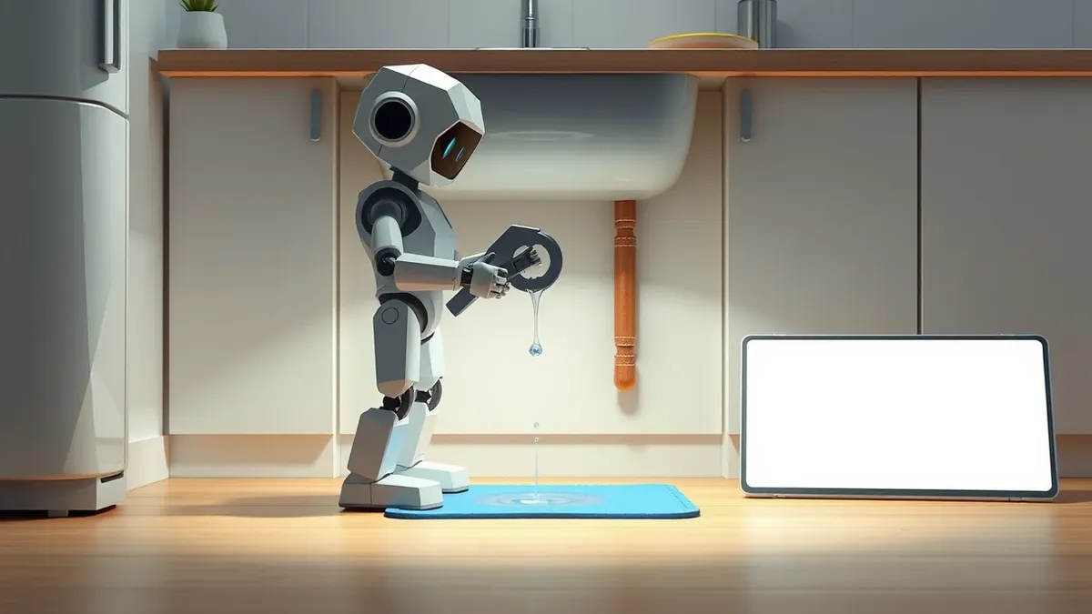 Illustration: A small humanoid robot stands on a suburban kitchen floor next to a sink.