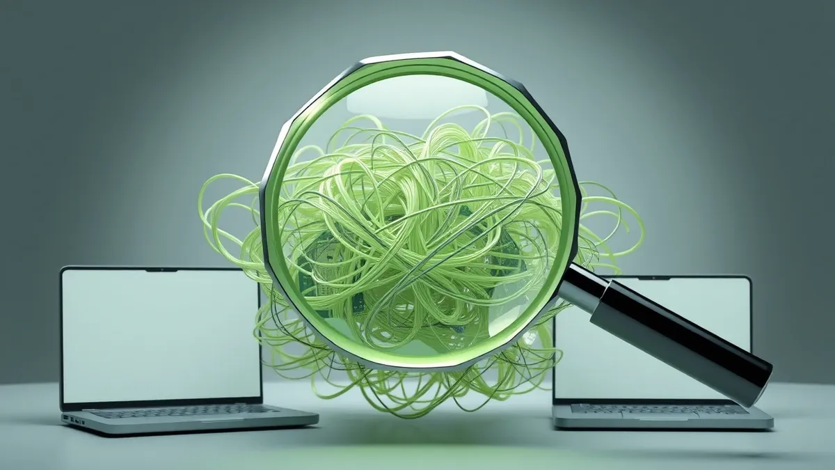 Illustration: A magnifying glass hovers over a tangled knot of transparent optical fibers and circuit boards.