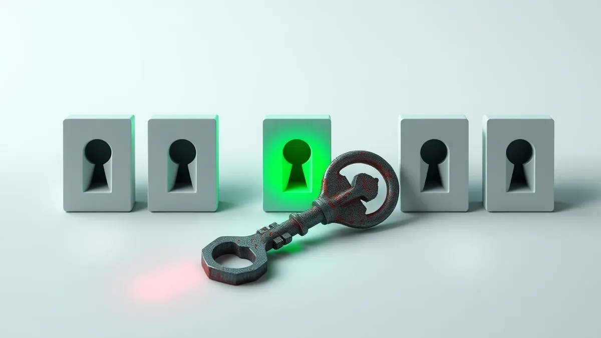 Illustration: A single rusted skeleton key rests on a clean white surface, surrounded by five identical empty keyholes.