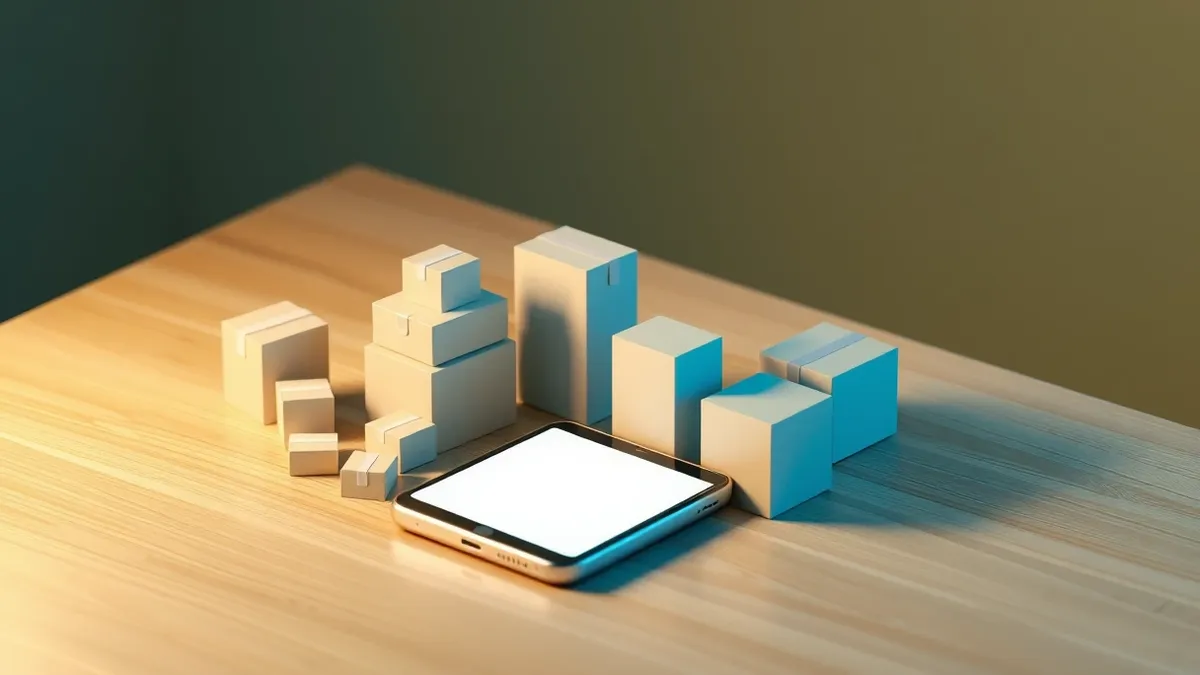 Illustration: A sleek smartphone sits on a wooden table displaying a clean, blank shopping interface.