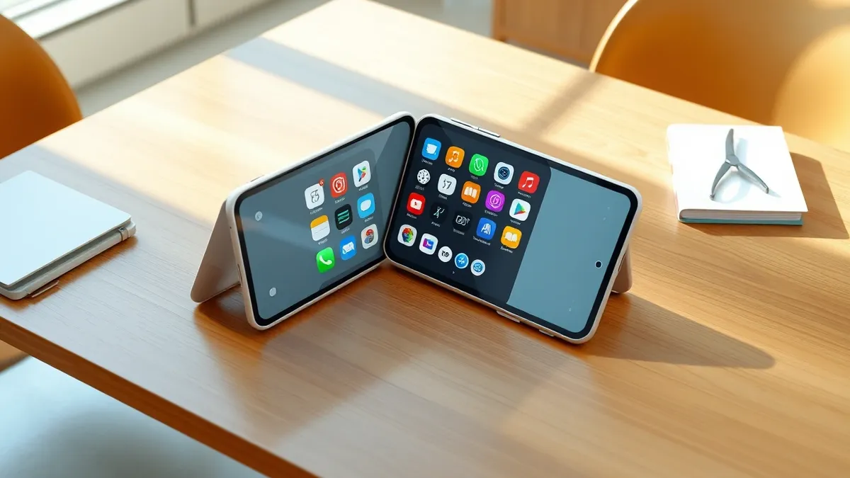 Illustration: A sleek foldable smartphone rests open on a polished wooden table, displaying a vibrant grid of colorful app icons on its large inner screen.