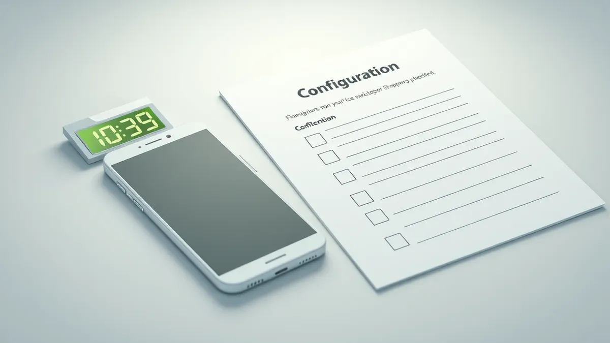 Illustration: A white smartphone rests on a clean surface next to a generic configuration checklist with blank lines.