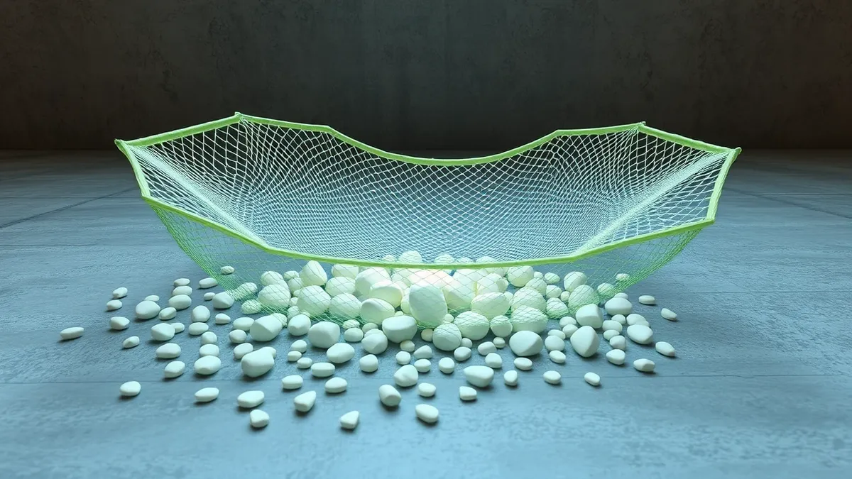 Illustration: A large, translucent mesh net rests on a concrete floor, catching only scattered, smooth white stones while letting countless smaller pebbles slip through the gaps be