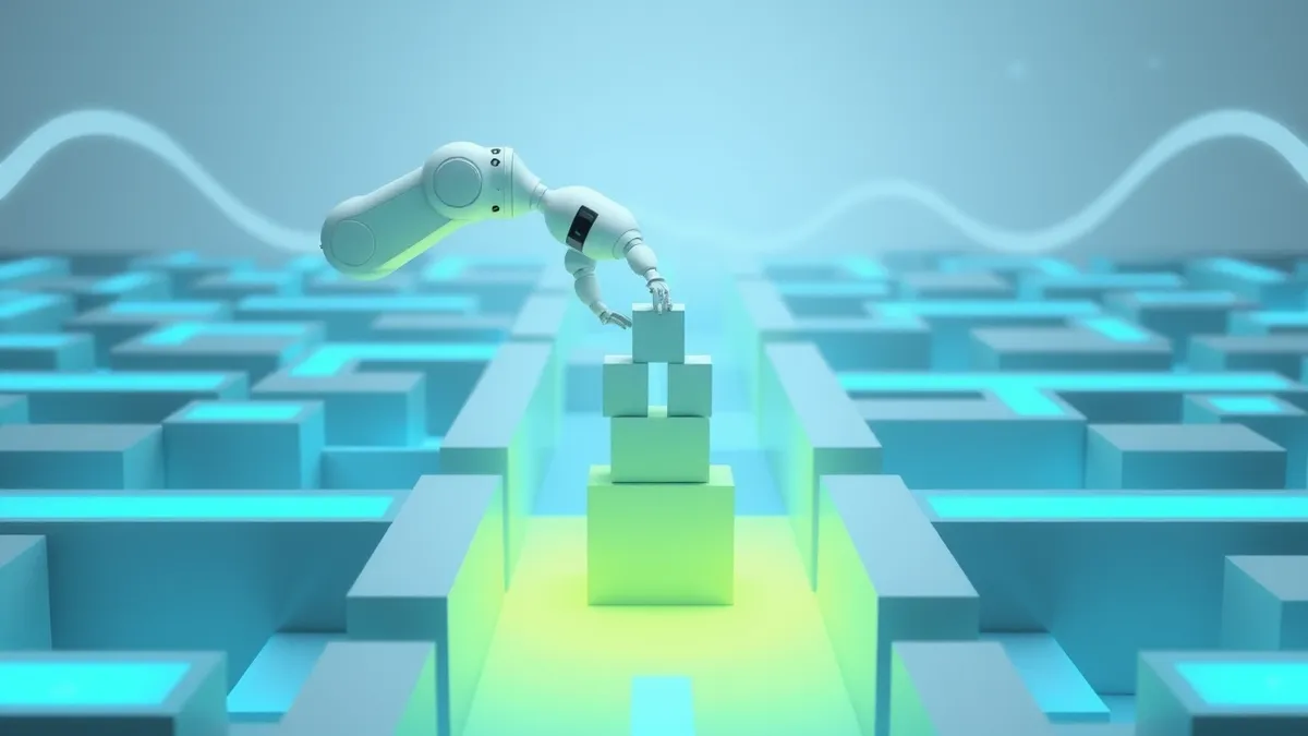Illustration: A sleek white autonomous robot arm navigates a complex maze of glowing blue pathways, picking up small geometric blocks and stacking them into a precise tower without