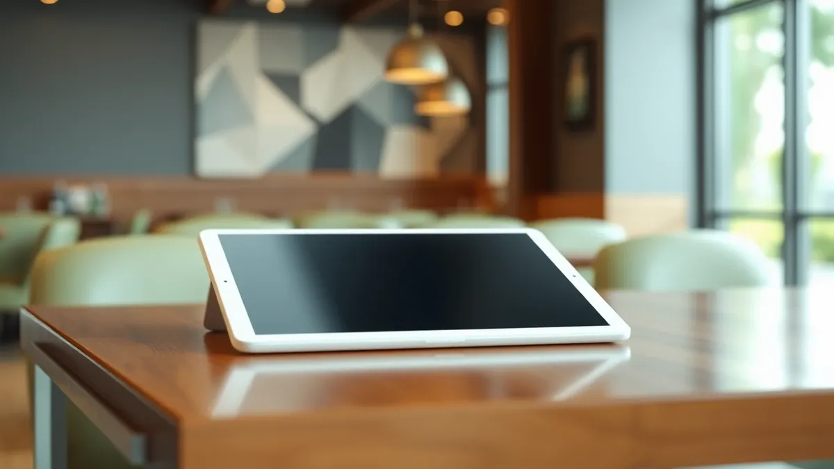 Illustration: A sleek white tablet rests on a polished wooden restaurant table, displaying blank abstract interface blocks.