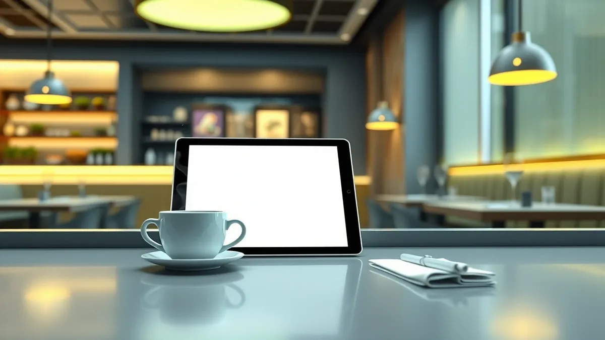 Illustration: A sleek countertop displays a blank digital tablet beside a steaming coffee cup and a neatly folded napkin, while soft ambient lighting highlights the modern restaura