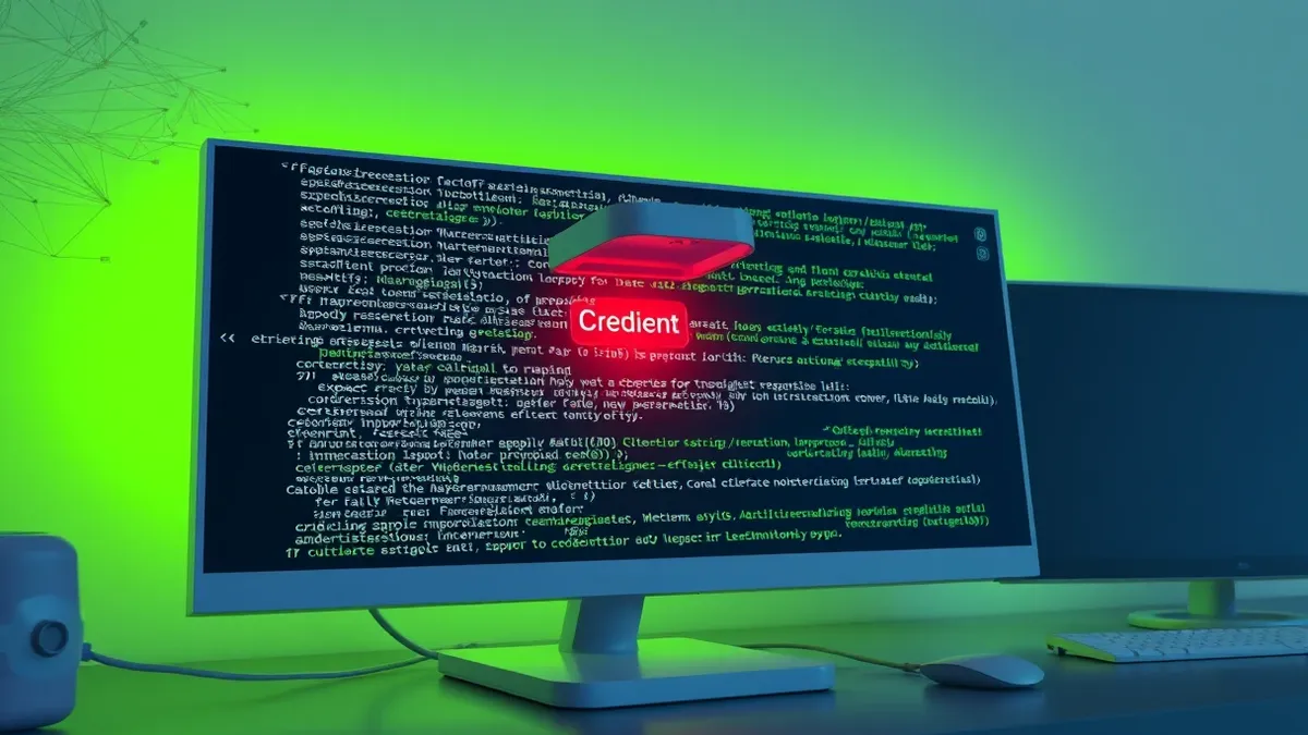 Illustration: A sleek automated scanner glides over lines of blank code on a pristine monitor, highlighting a single exposed credential key with a soft red glow before it can be ha