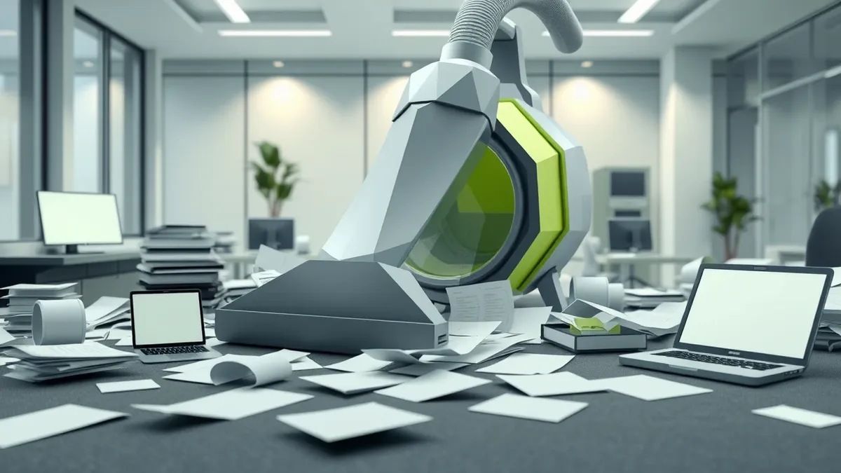 Illustration: A large industrial vacuum cleaner sucks up scattered paper documents from a cluttered office floor, leaving behind only a few essential sheets.