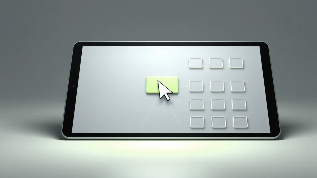 Illustration: A sleek tablet displays a blank interface with abstract geometric shapes.