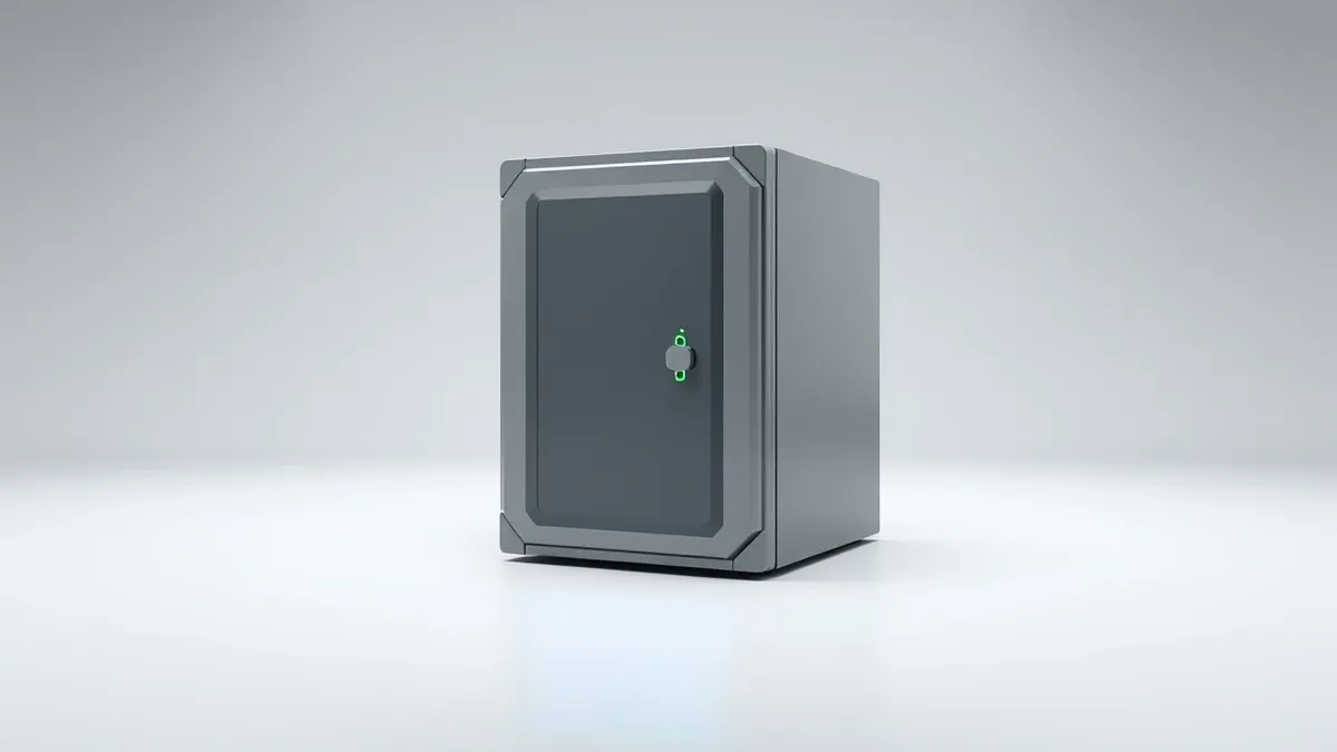 Illustration: A sleek gray server enclosure sits isolated on a clean white floor, its front panel featuring distinct physical locking mechanisms and blank status lights.