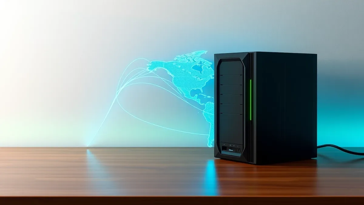 Illustration: A sleek, black server chassis sits on a polished wooden desk beside a stylized map of the Americas.