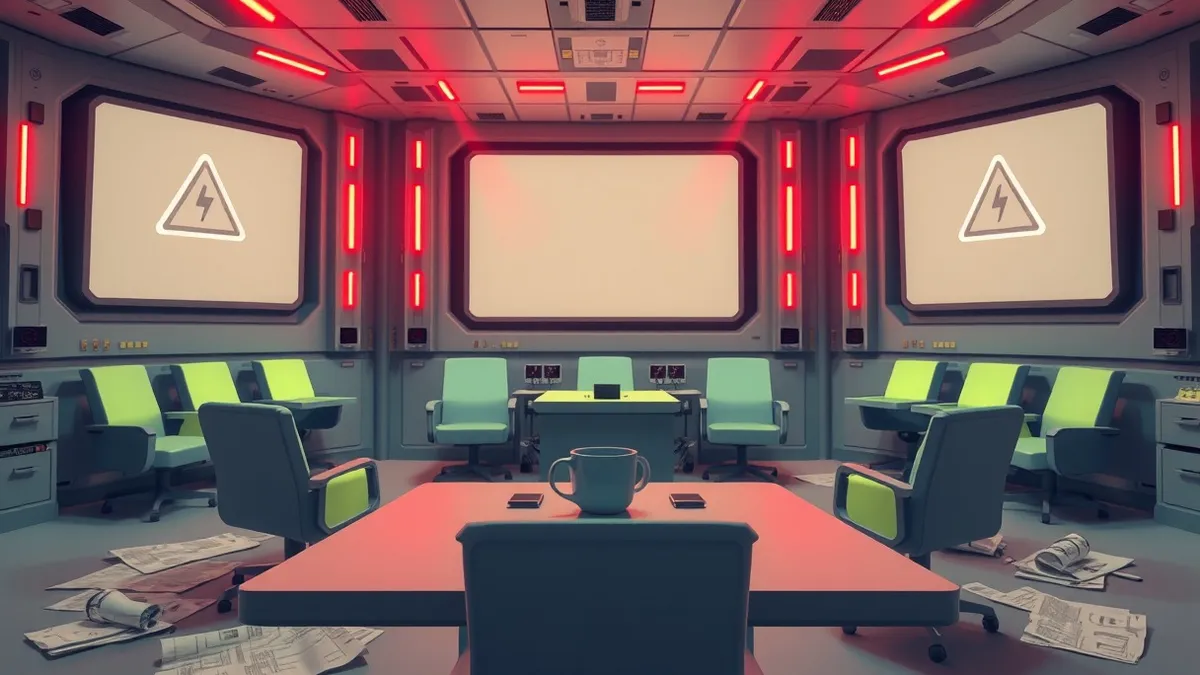 Illustration: A high-tech control room sits in disarray with empty chairs and scattered blueprints.