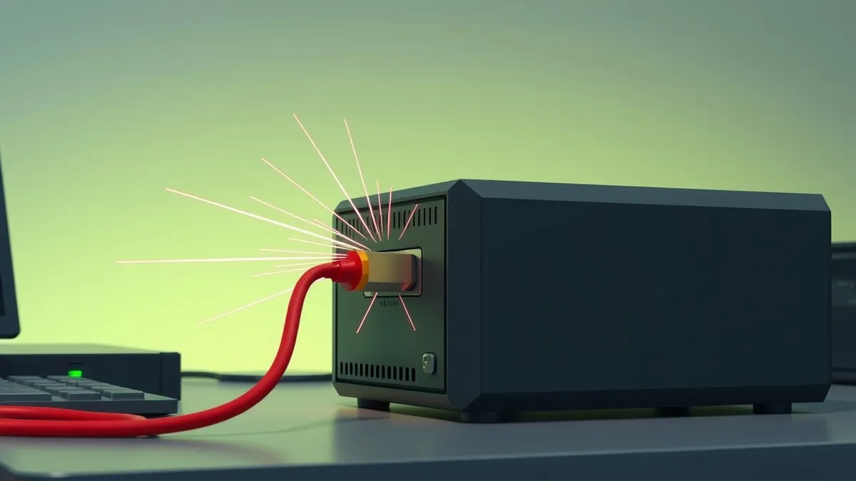 Illustration: A black network security appliance sits on a desk with a single red cable plugged into its rear port.