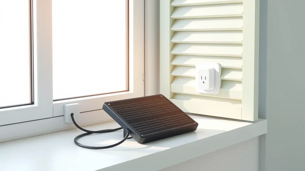 Illustration: A compact solar panel rests on a sunlit windowsill, connected by a short black cable to a standard white wall outlet.