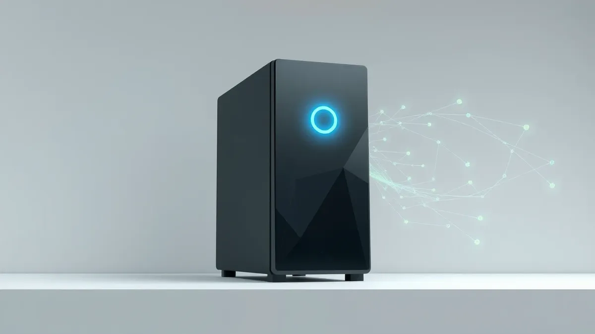 Illustration: A sleek, matte-black tower server hums quietly on a clean white desk.