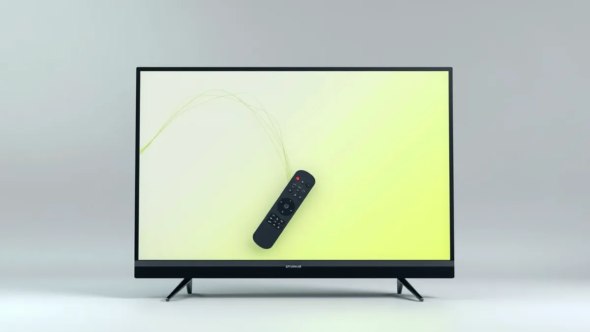 Illustration: A flat-screen television sits on a stand with a remote control resting on the glass surface.