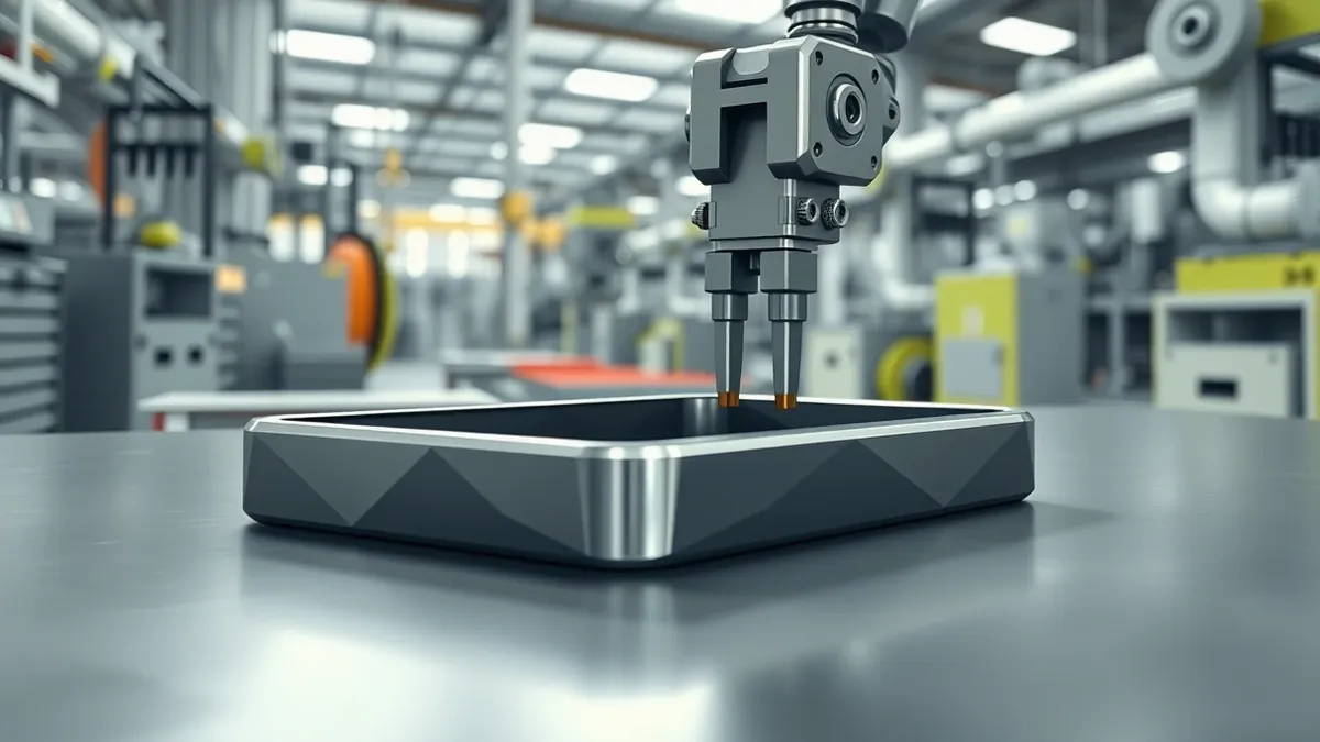 Illustration: A polished titanium smartphone frame rests on a clean industrial workbench inside a US factory.