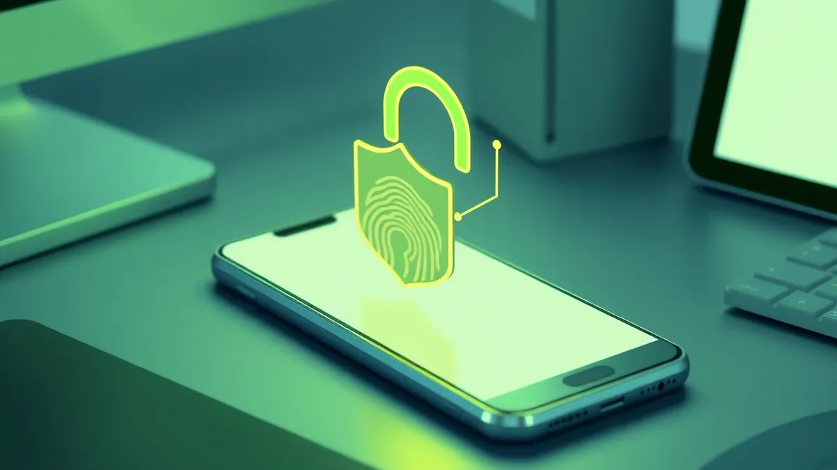 Illustration: A smartphone rests on a desk, its screen displaying a generic fingerprint icon inside a simple shield outline.