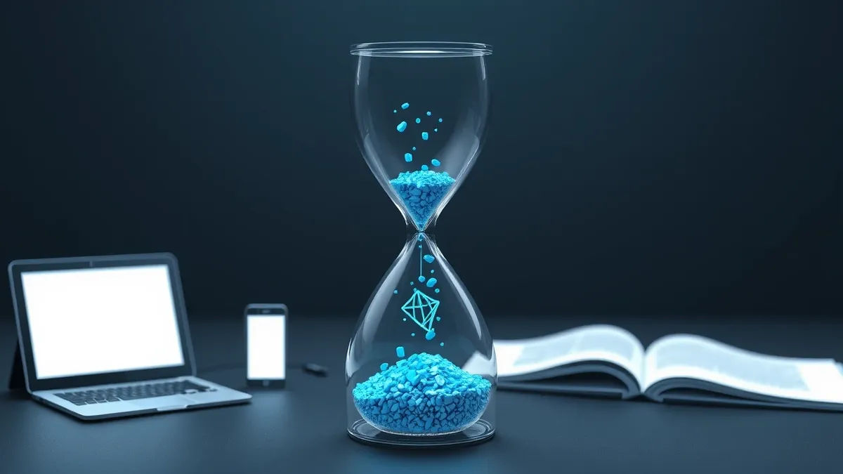 Illustration: A translucent glass hourglass sits on a dark table, filled with glowing blue sand grains instead of sand.