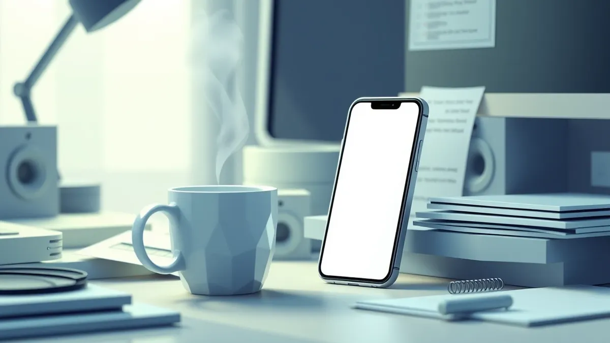 Illustration: A cluttered office desk holds a steaming coffee mug beside a smartphone displaying a clean, abstract interface.