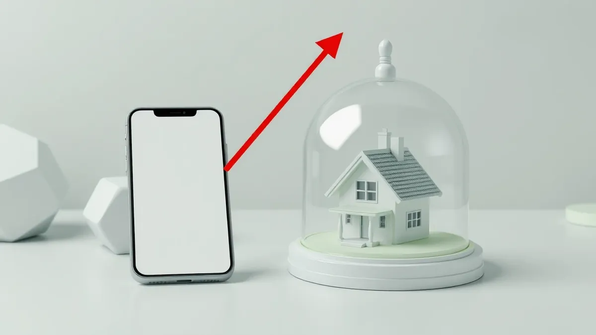 Illustration: A clean desk holds a smartphone displaying a blank screen next to a small, detailed model of a house under a transparent protective dome.